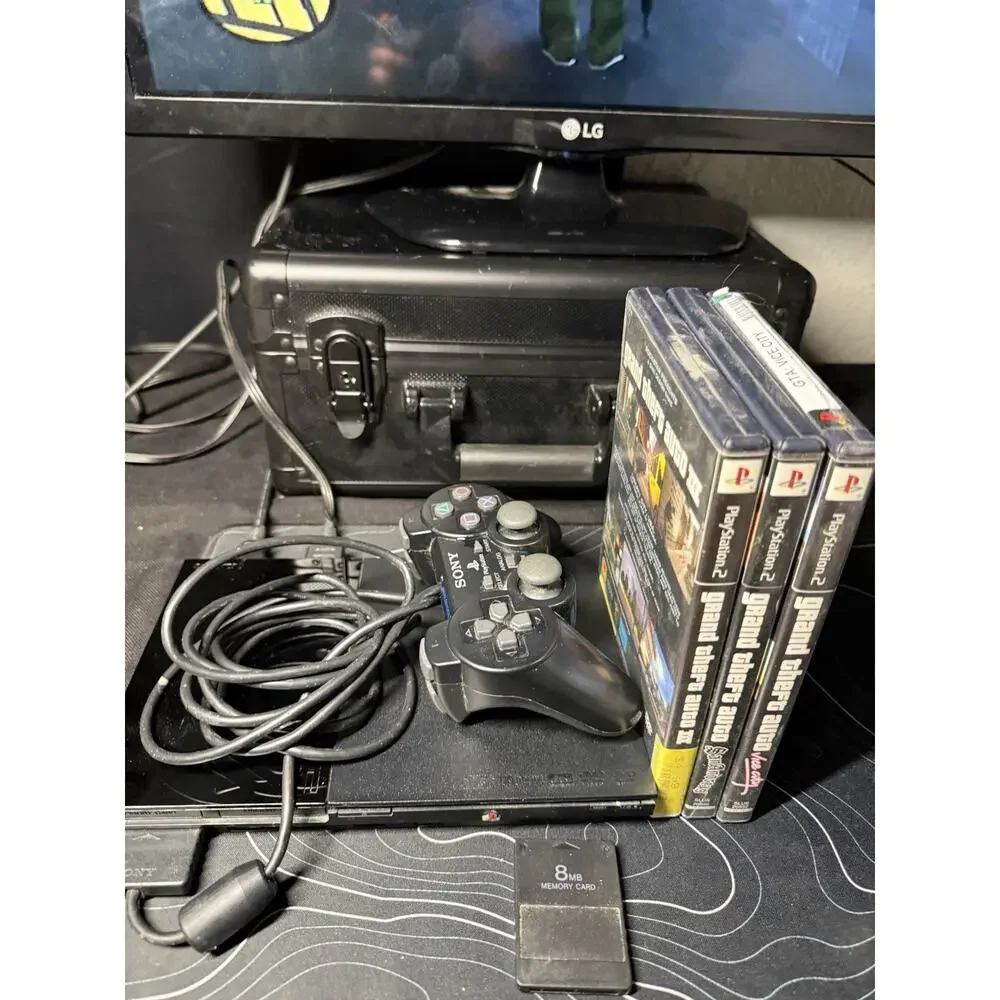 Sony PlayStation 2 PS2 Slim Console 2 Controllers 8 Gen Memory And GTA Bundle